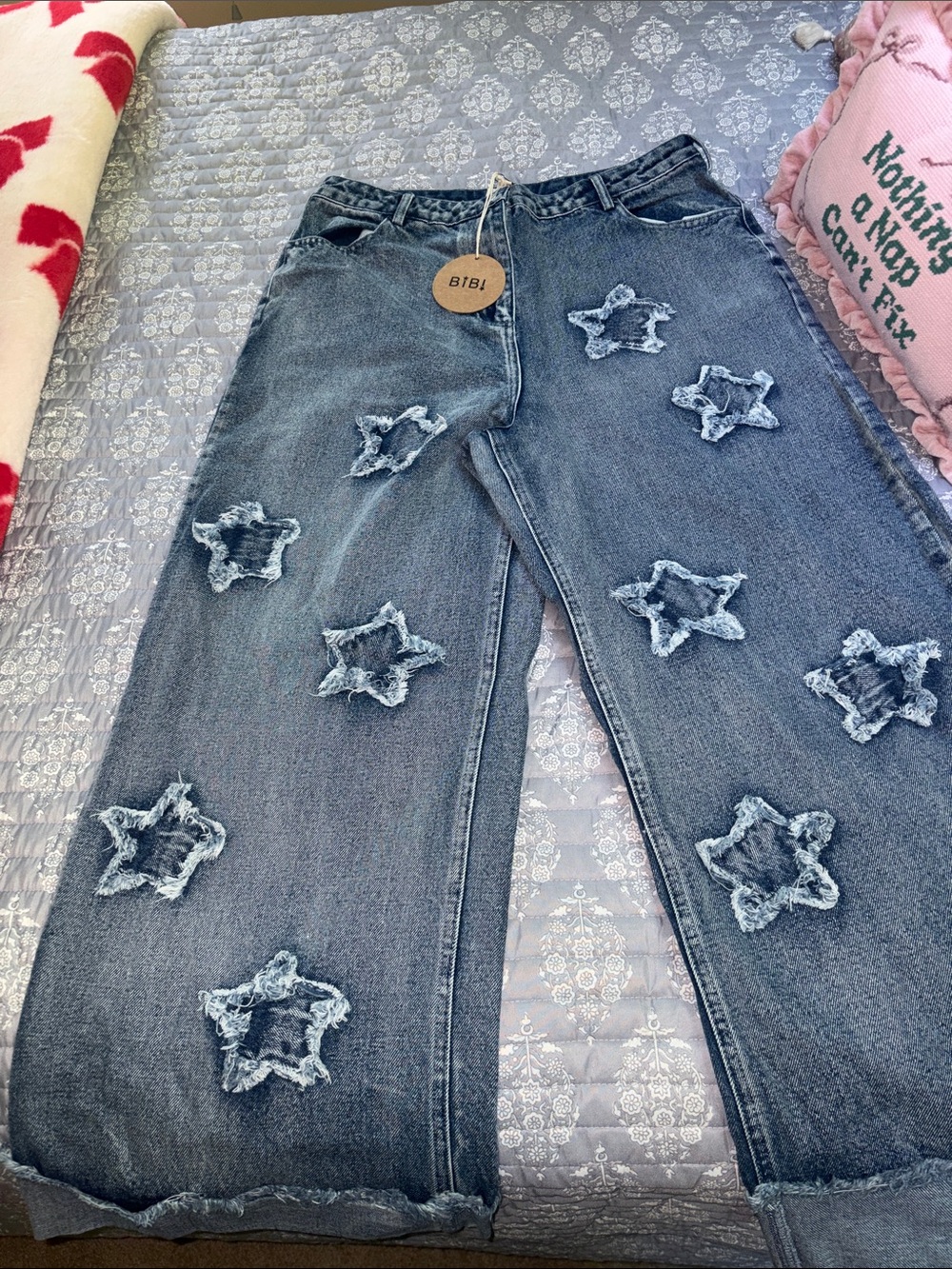 BiBi Blue Wide-Leg Jeans with Frayed Star Appliqués